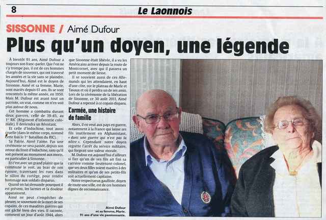 Aimé DUFOUR, le doyen de nos anciens combattants30 août 2011(Photos L'Union)(décédé le 3 décembre 2013 dans sa 94e année)