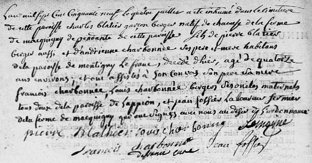 04 JUILLET 1759: Dcs de Charles BLATIER, garon berger g de 14 ans environs, natif de la ferme de Macquigny. Fils de Pierre, berger et neveu de Franois et Louis CHARBONNEE, bergers  Lappion. Tmoin Jean FOSSIER, laboureur fermier de la ferme de Macquigny