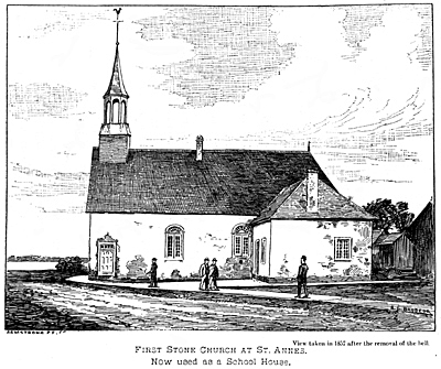 L'glise de Ste-Anne-de-Bellevue construite en 1711, que Guillaume Daoust a connu. Ce dessin ft tir du livre de Dsir Girouard 'Lake Saint Louis, Old and New' 1893. On voit l'glise au moment ou elle servait d'cole entre 1860 et 1900.