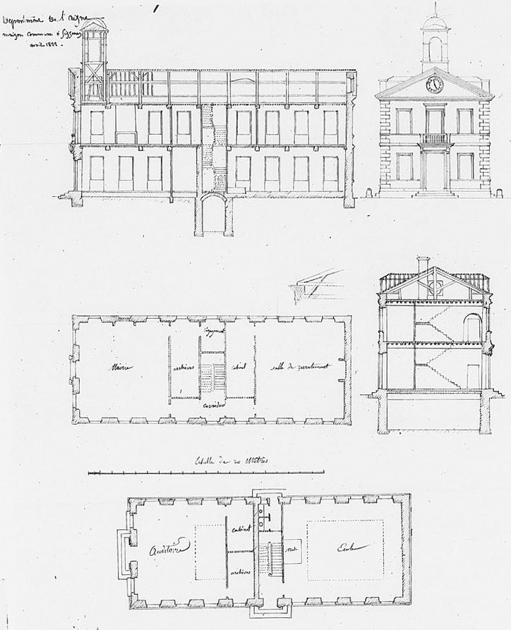 Le projet de maison commune et ecole de garons en 1822<br>Environ 24 x 9 m