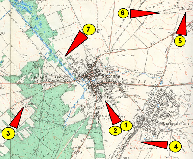 Plan global de situation des moulins de Sissonne : Cliquez pour accder aux paragraphes.